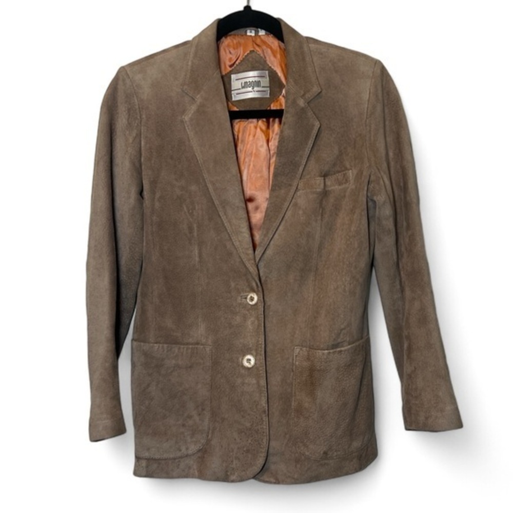 I Magnin Genuine Suede Leather Blazer Size 8 Brown Tailored Jacket Vintage